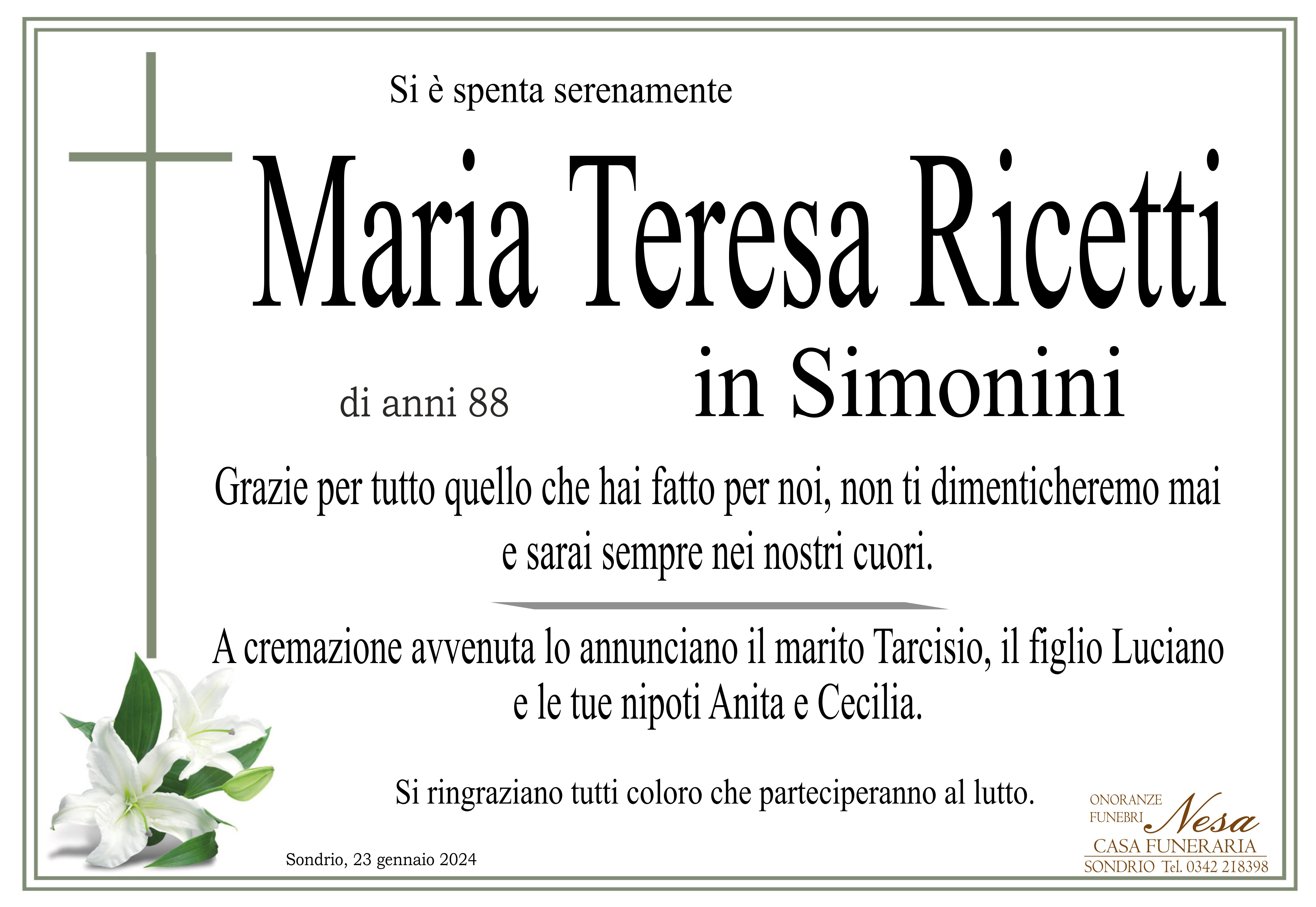 Necrologio Maria Teresa Ricetti in Simonini